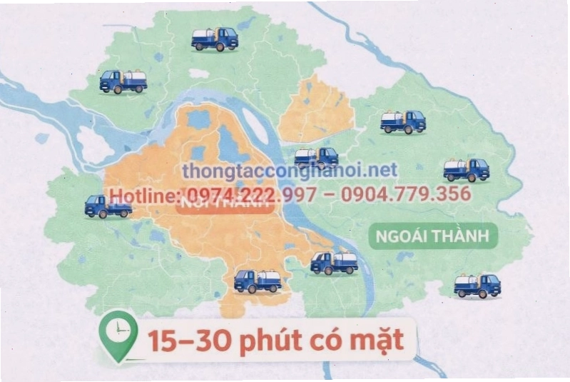Bản đồ thể hiện mạng lưới chi nhánh dịch vụ hút bể phốt tại Hà Nội