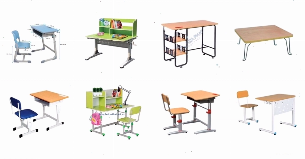 Bàn ghế học sinh kiểu dáng hiện đại, màu sắc tươi sáng phù hợp cho không gian học tập của trẻ