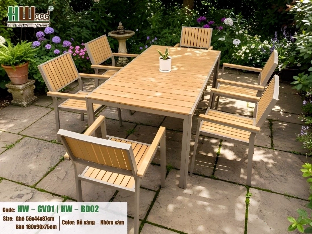 Bàn gỗ nhựa 160cm ngoài trời HWOOD cho sân vườn biệt thự chống nước – bền màu.