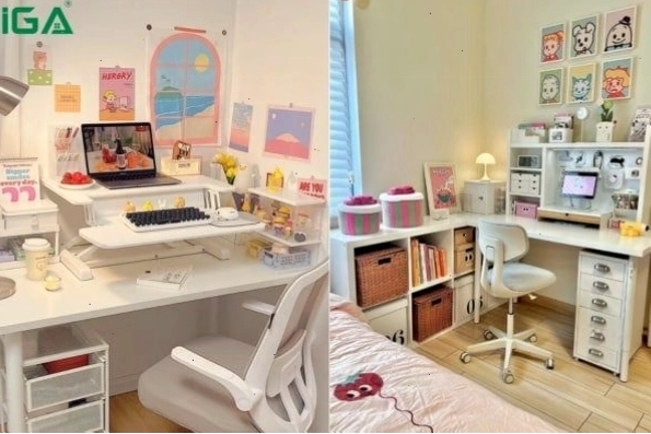 Bàn học được sắp xếp ngăn nắp với sách vở và dụng cụ học tập gọn gàng