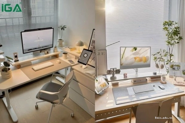 Bàn học phong cách tối giản với tông màu trắng chủ đạo và phụ kiện tinh tế