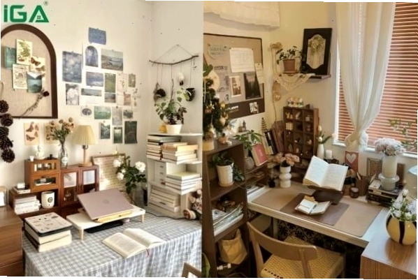 Bàn học phong cách vintage với các vật dụng cổ điển và màu sắc hoài cổ