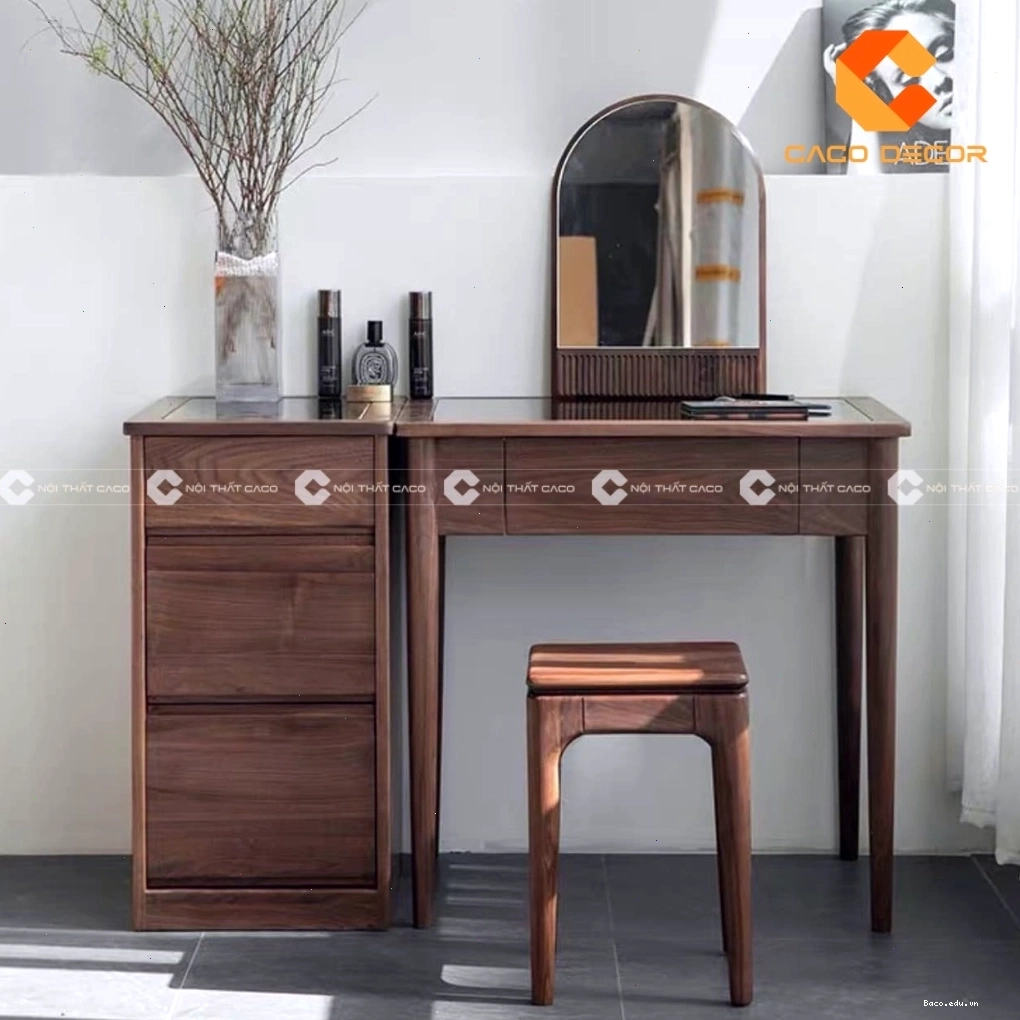 Bàn trang điểm gỗ óc chó có bàn phụ và gương lớn