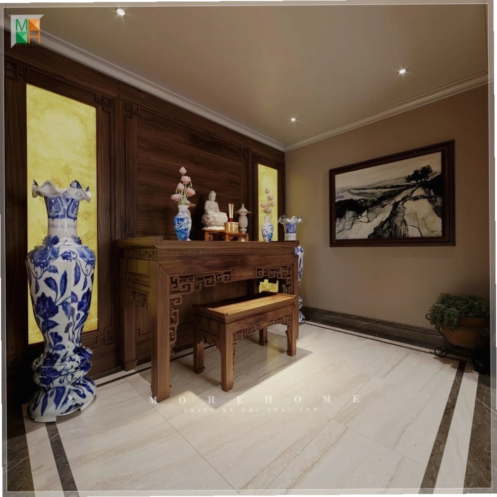 Bàn trang điểm gỗ óc chó kết hợp gương soi tạo điểm nhấn cho phòng ngủ