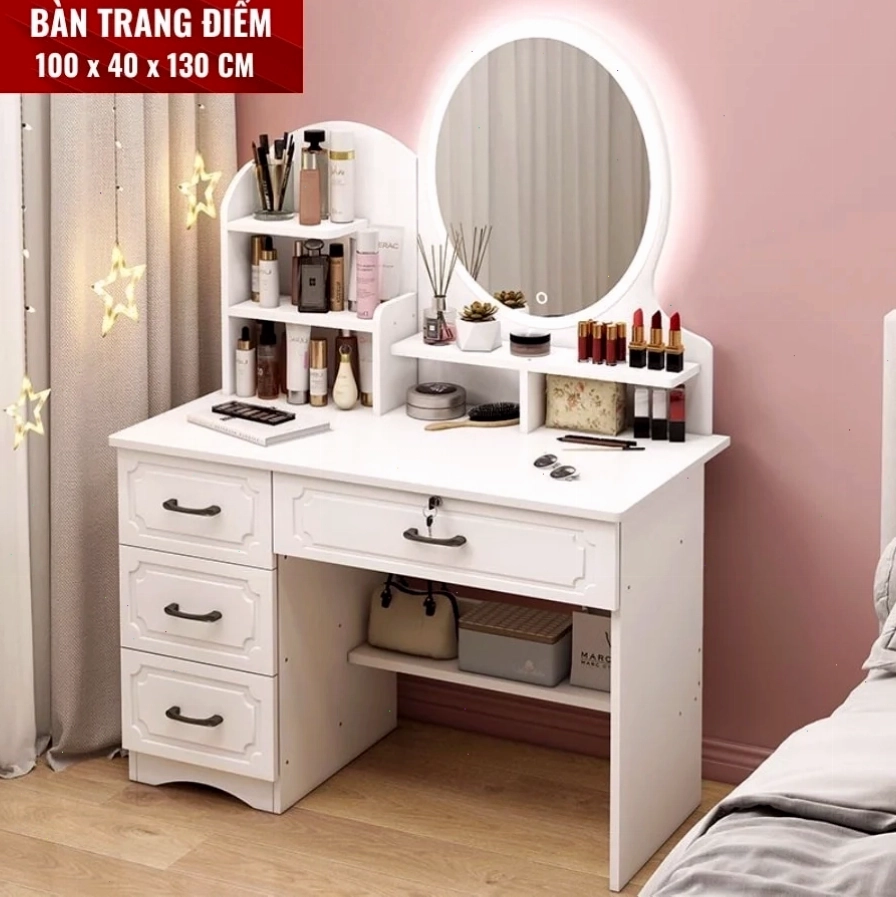 Bàn trang điểm màu trắng gỗ công nghiệp đẹp, hiện đại với nhiều ngăn chứa đồ