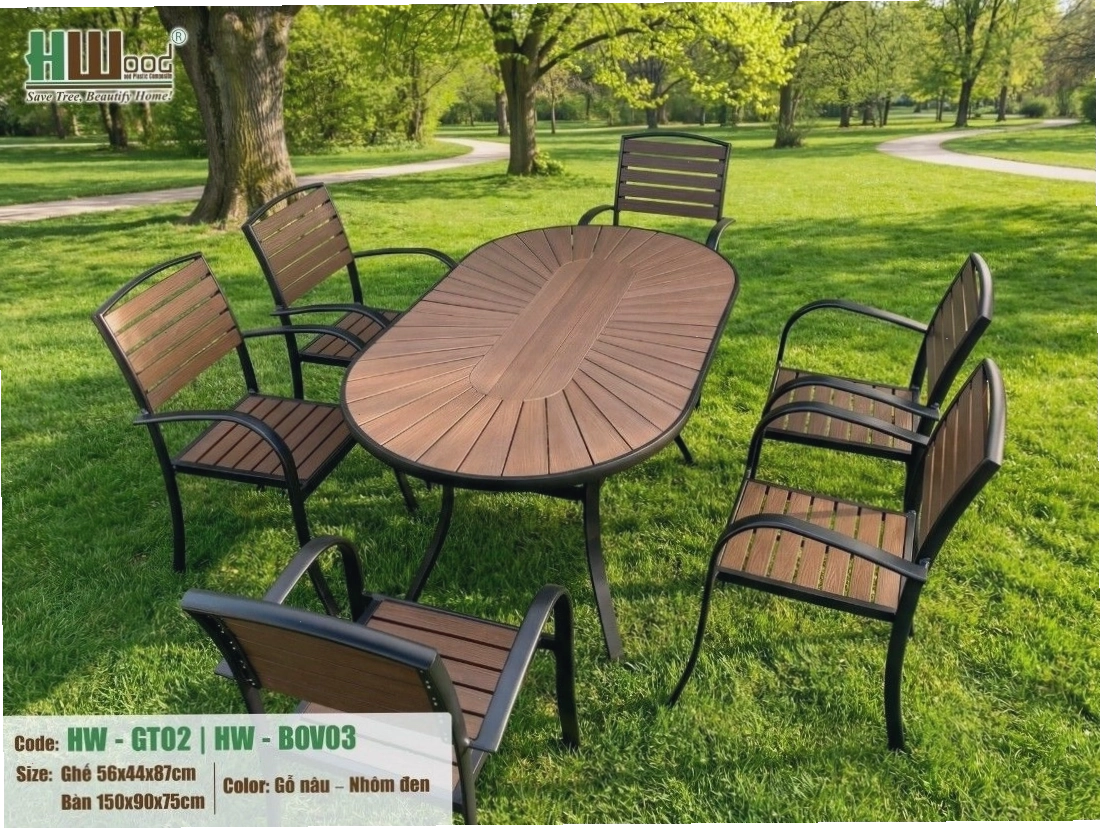 Bàn tròn Oval gỗ nhựa Polywood cho công viên ngoài trời rộng rãi bền màu.
