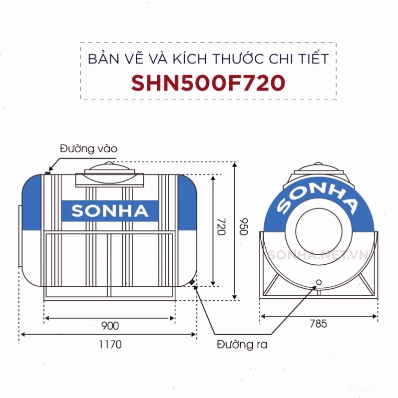 Bản vẽ kỹ thuật chi tiết bồn nước Sơn Hà 500L ngang