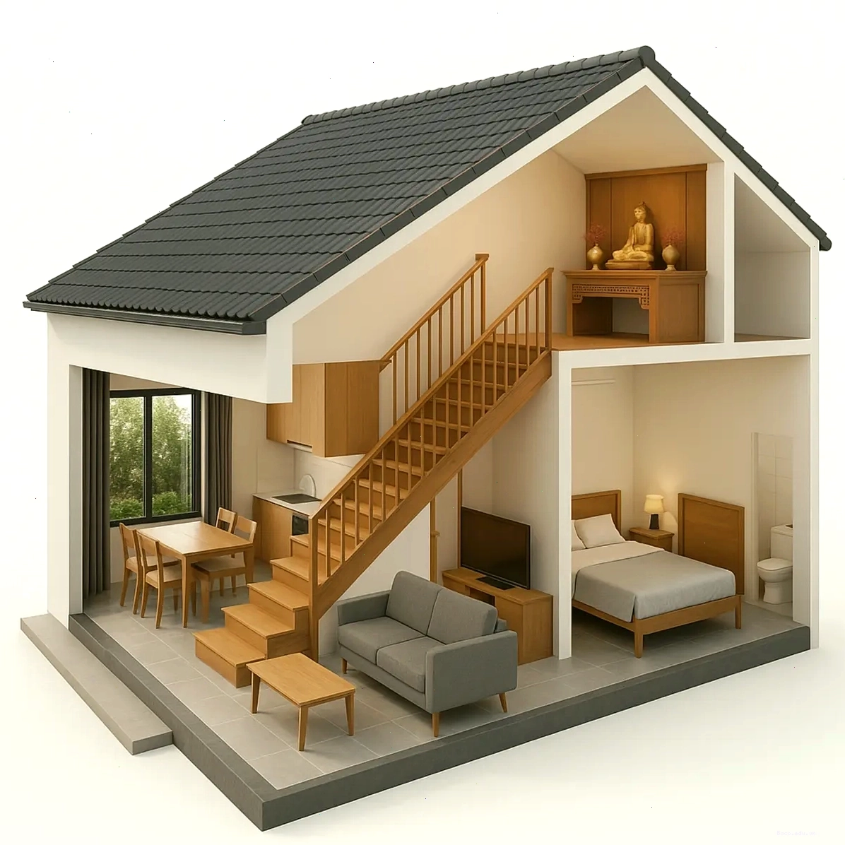 Bản vẽ nhà cấp 4 có gác lửng bố trí phòng thờ riêng biệt trên tầng lửng