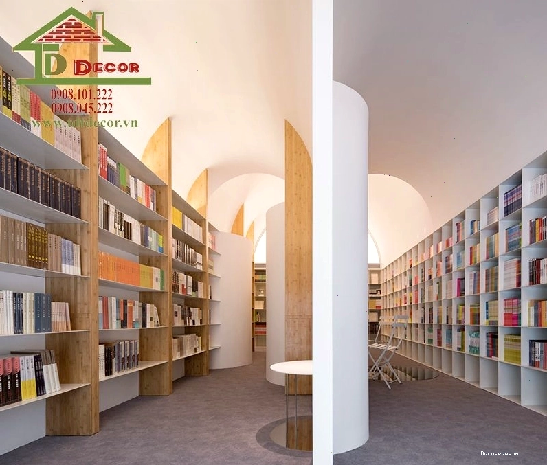 Bản vẽ phối cảnh 3D cho thấy cách bố trí nội thất nhà sách chi tiết