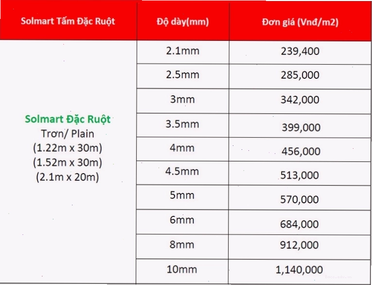 Bảng giá tấm poly đặc ruột Solmart 2023
