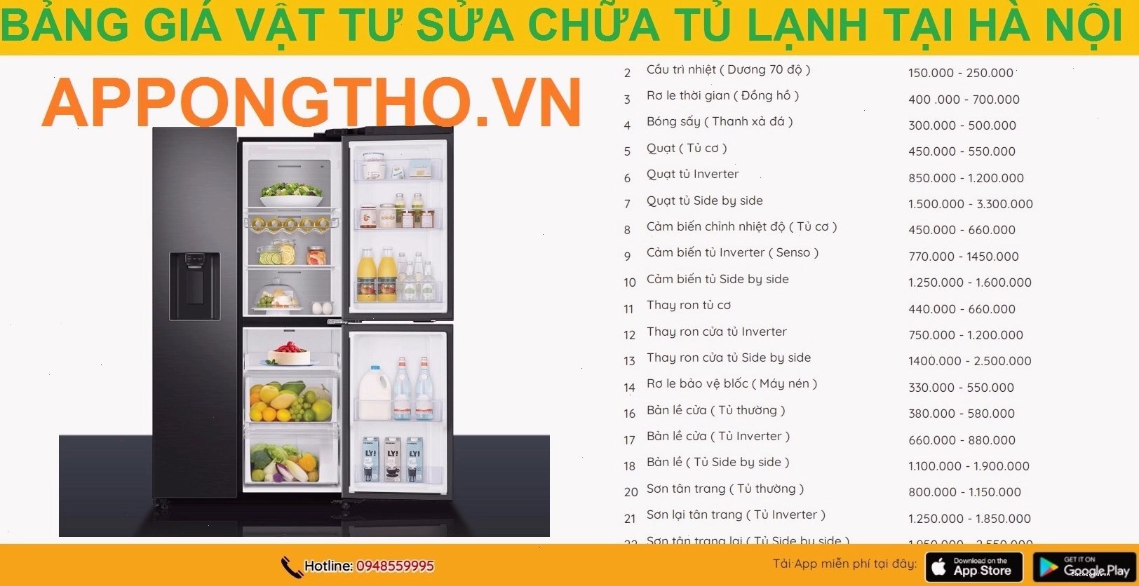 Bảng giá tham khảo dịch vụ sửa tủ lạnh tại nhà Hà Nội năm 2023 - 2024