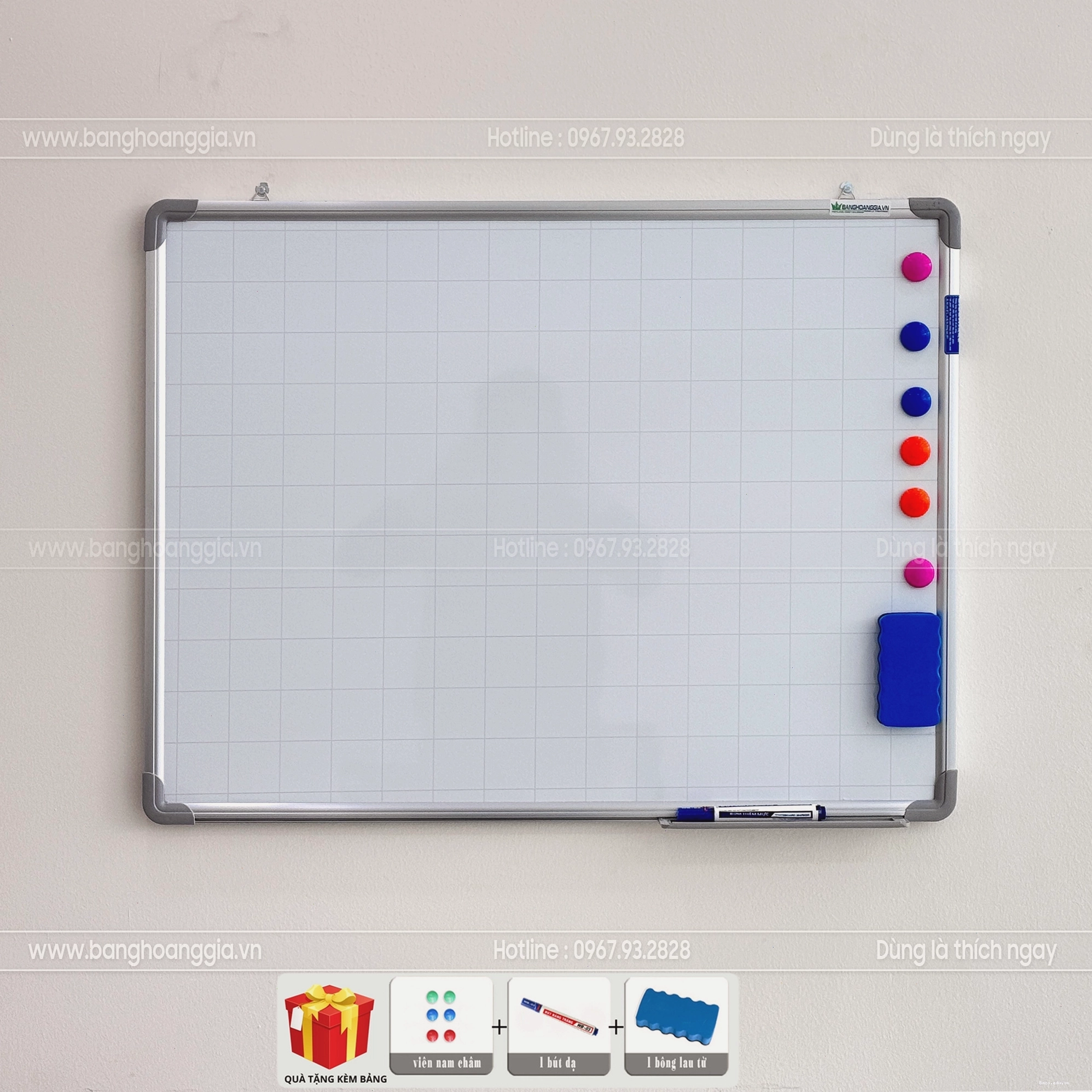 Bảng từ trắng HG10 mặt kẻ ô mờ, hít nam châm mạnh