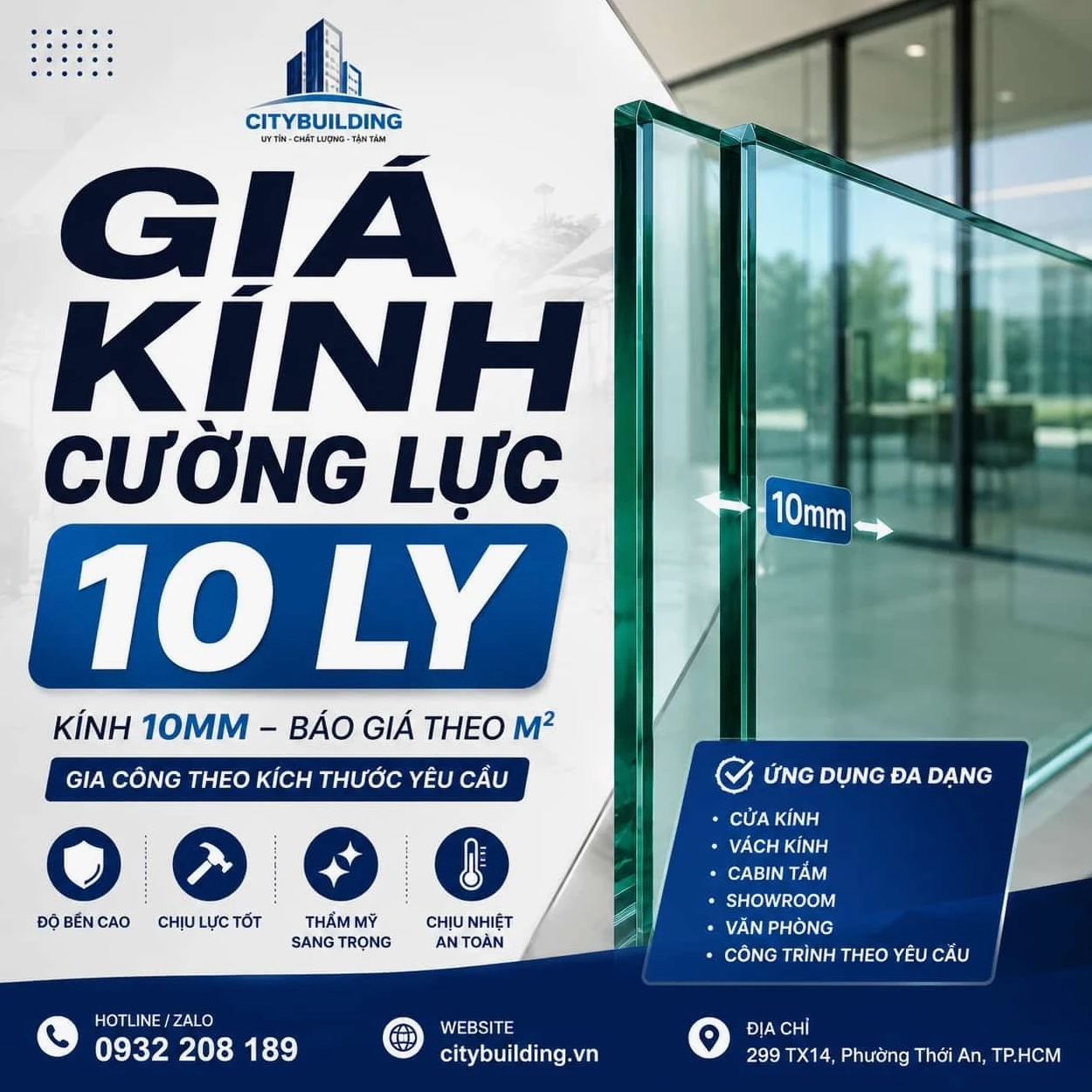 Báo giá kính cường lực 5mm, 8mm, 10mm, 12mm, 15mm chi tiết nhất 2026
