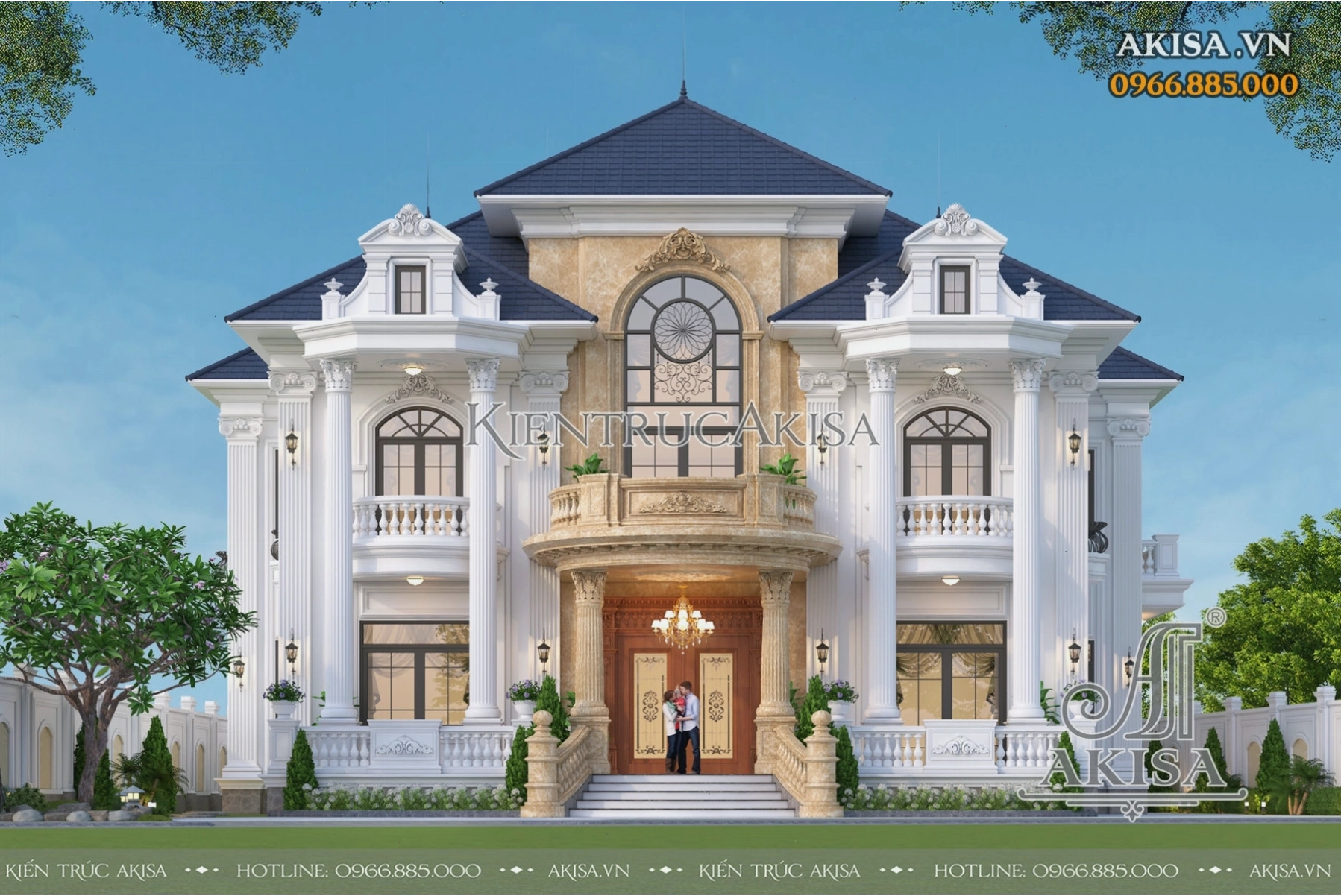 Biệt thự tân cổ điển 2 tầng với phân vị chính ốp đá tự nhiên, kết hợp hệ cửa nhôm kính tạo vẻ đẹp hiện đại và cổ kính
