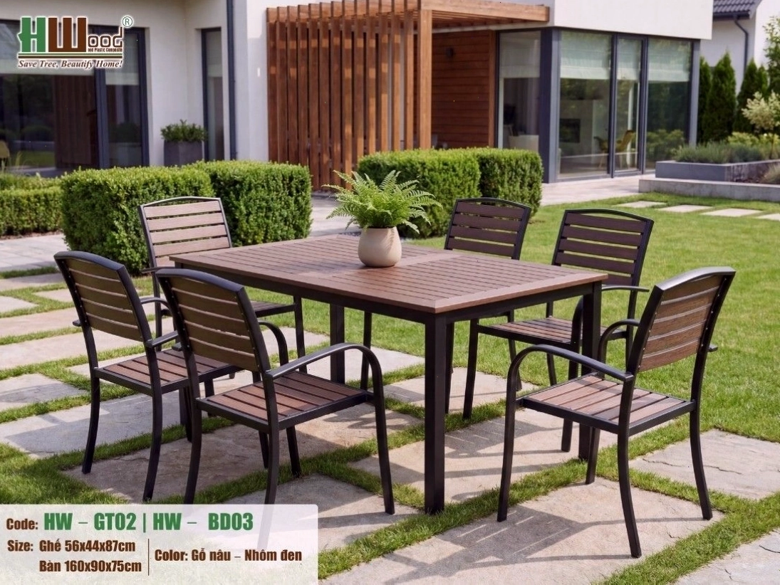 Bộ bàn ăn sân vườn Polywood 6 ghế, màu gỗ nâu ấm áp