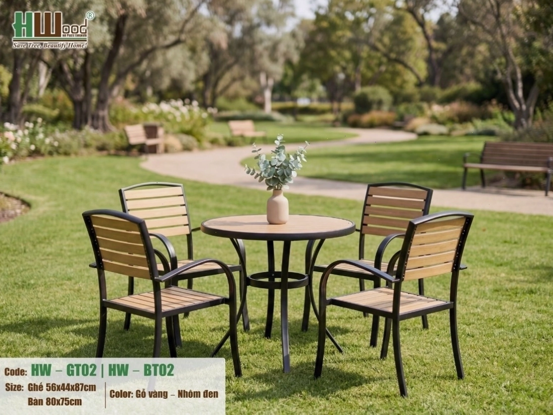 Bộ bàn cafe tròn Polywood 4 ghế ngoài trời, thiết kế thanh lịch và bền bỉ