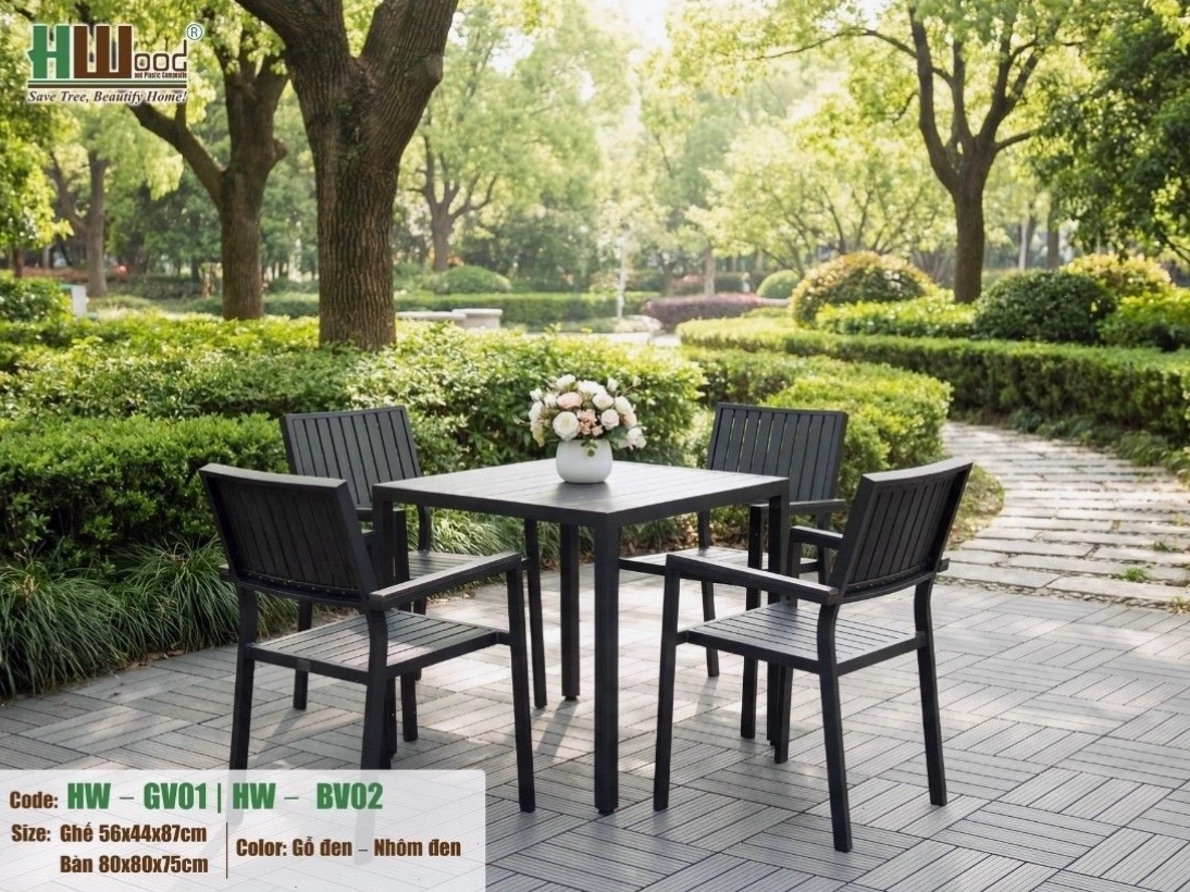 Bộ bàn ghế outdoor mặt vuông khung nhôm 4 ghế, thiết kế hiện đại cho không gian công cộng