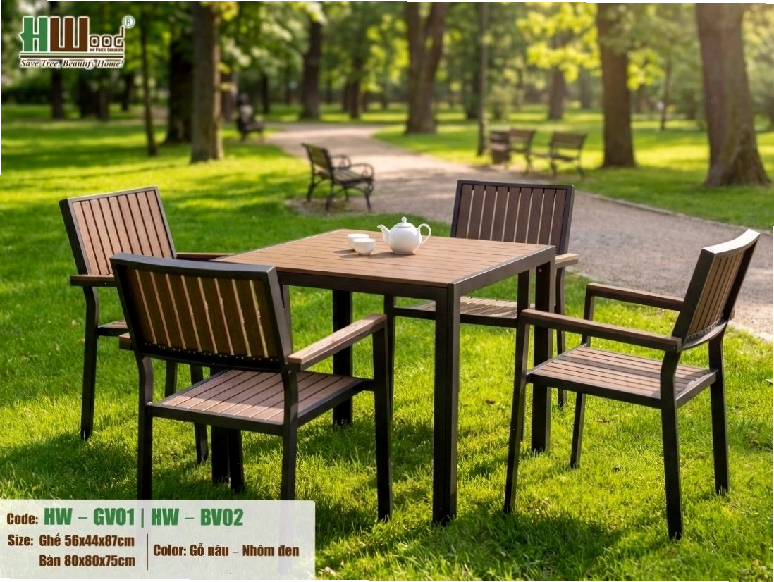 Bộ bàn ghế Polywood HWOOD gỗ nâu, hài hòa trong không gian công viên.
