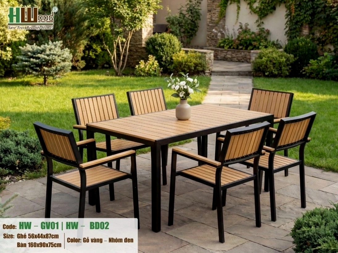 Bộ bàn gỗ nhựa 160cm ngoài trời khung nhôm, thiết kế hiện đại