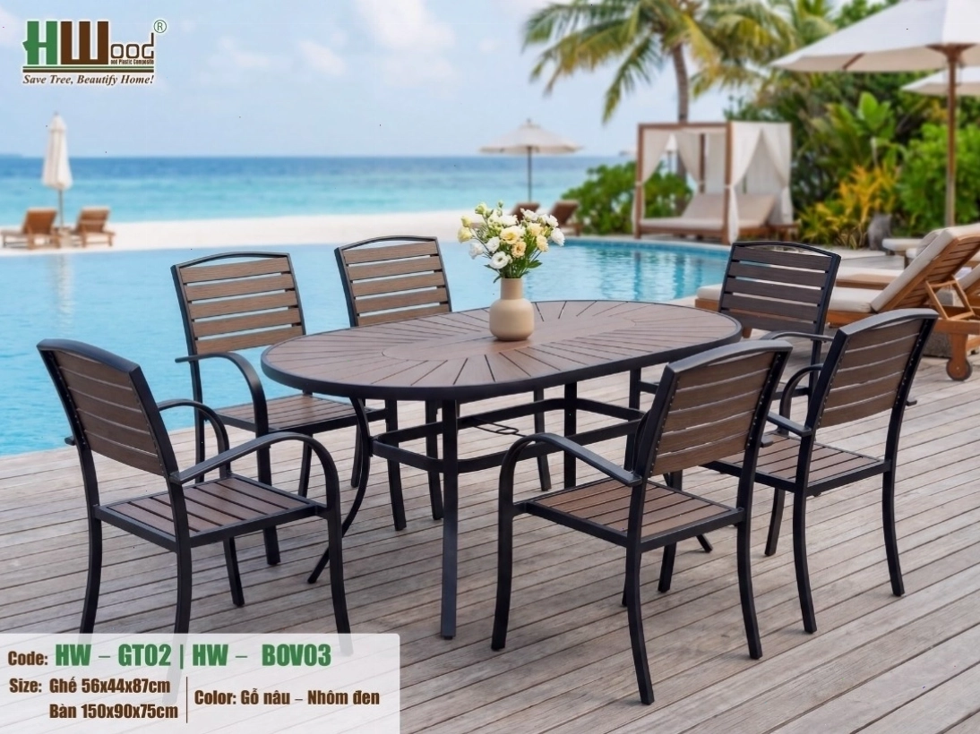 Bộ bàn tròn Oval 6 ghế gỗ nhựa Polywood, tạo không gian sum họp ấm cúng
