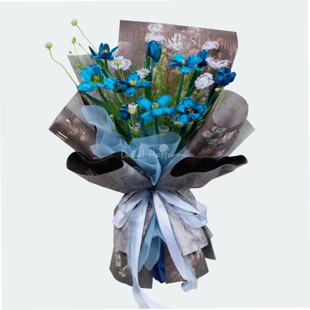 Bó hoa tulip kết hợp cúc họa mi, tạo nên vẻ đẹp độc đáo và ấn tượng