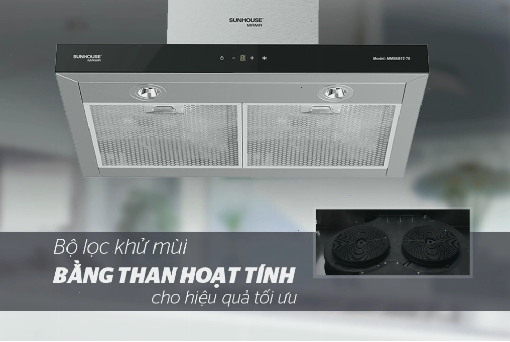 Bộ lọc khử mùi bằng than hoạt tính trên máy hút mùi Sunhouse