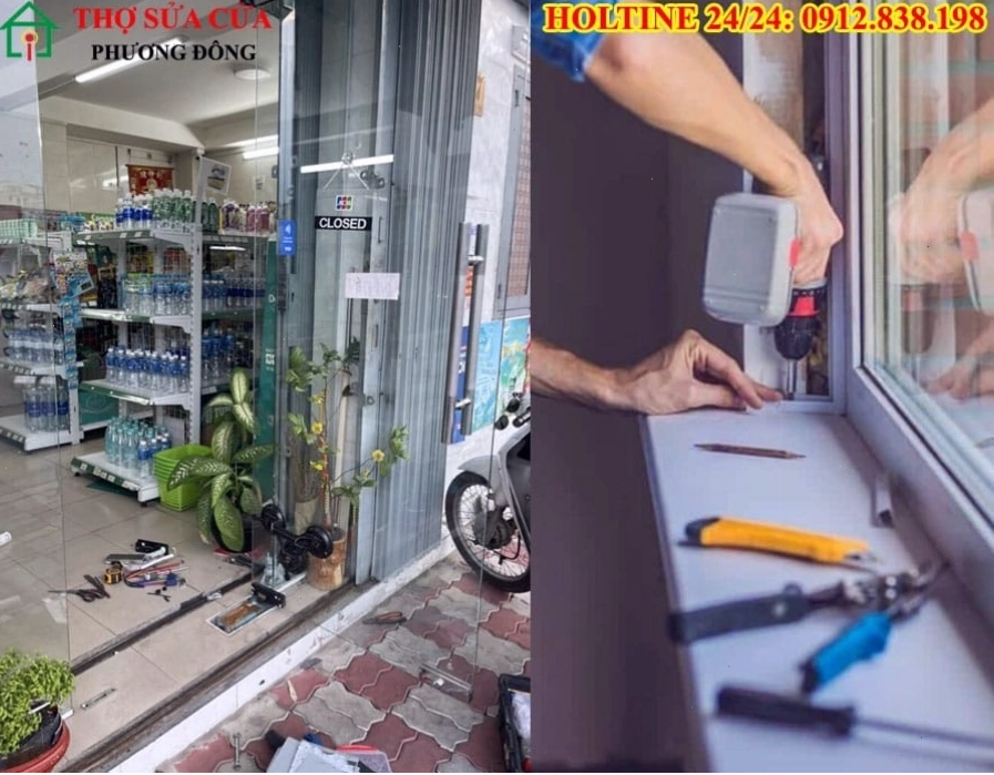 Cận cảnh thợ đang sửa bản lề cửa kính