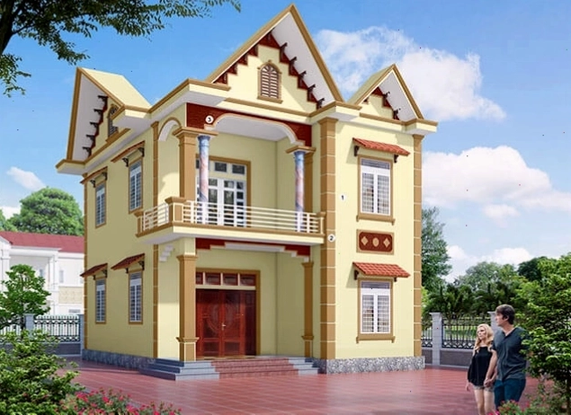 Căn nhà sơn mặt tiền theo nguyên tắc 60 - 30 - 10 với 60% màu vàng, 30% màu cam và 10% màu đỏ