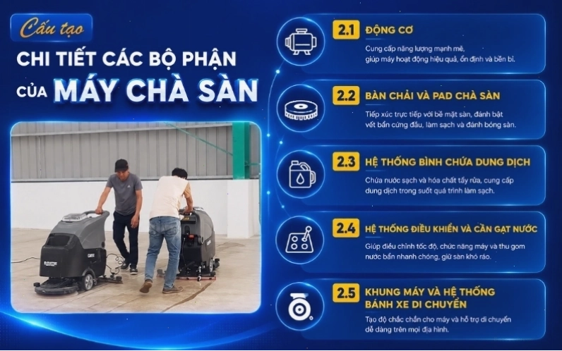Cấu tạo chi tiết các bộ phận của máy chà sàn