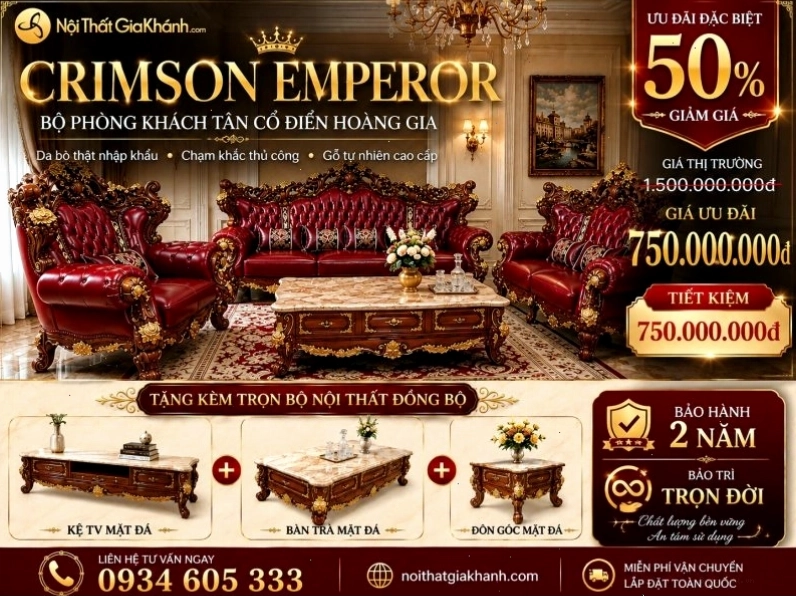 Combo Bộ Phòng Khách CRIMSON EMPEROR Phong Cách Tân Cổ Điển Hoàng Gia SF926 thể hiện sự lộng lẫy