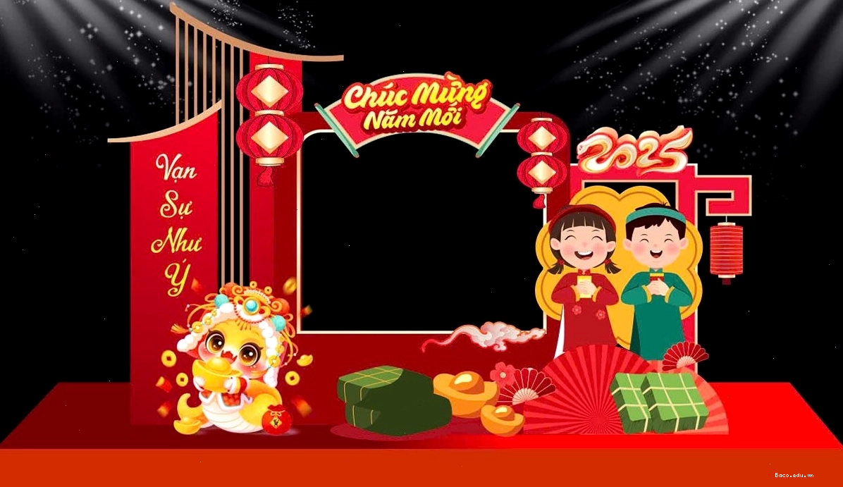 Cổng chào Tết 2025 vector với hình ảnh bé chúc Tết, lân vàng, bánh chưng