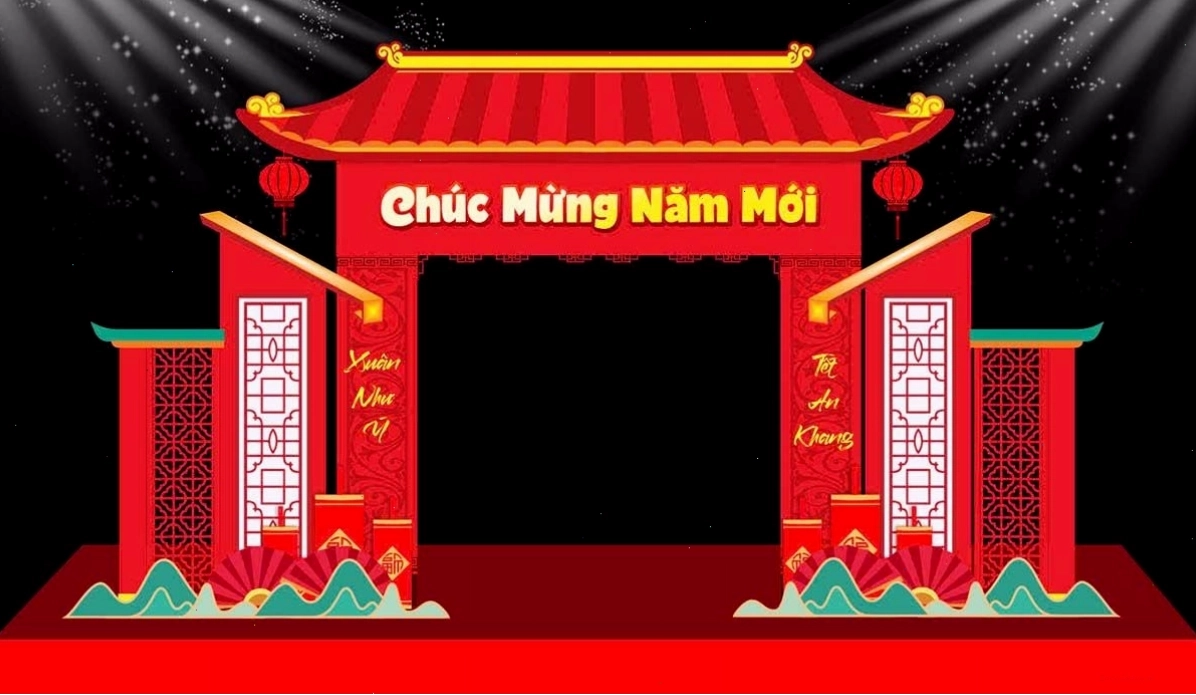 Cổng chào Tết mái đình truyền thống với lời chúc mừng năm mới