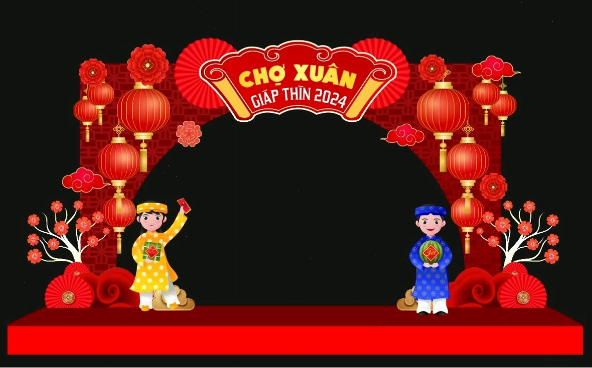 Cổng Chào Xuân 2025 hình ảnh bé trai và bé gái chúc năm mới