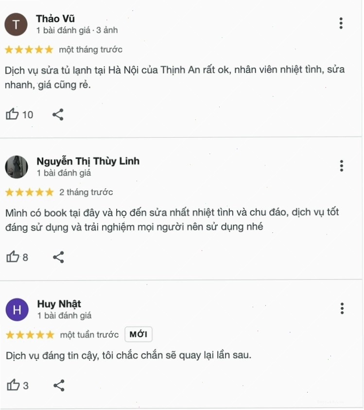 Đánh giá tích cực của khách hàng về dịch vụ sửa tủ lạnh tại nhà của Thịnh An