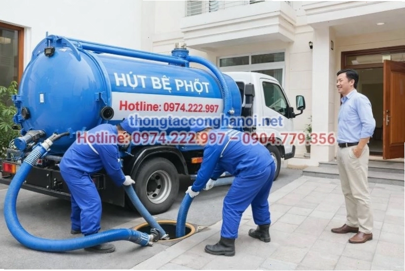 Đội ngũ kỹ thuật viên chuyên nghiệp của Hưng Thịnh đang thực hiện hút bể phốt