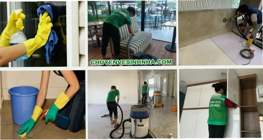 Đội ngũ nhân viên đang thực hiện công tác vệ sinh nhà cửa chuyên nghiệp