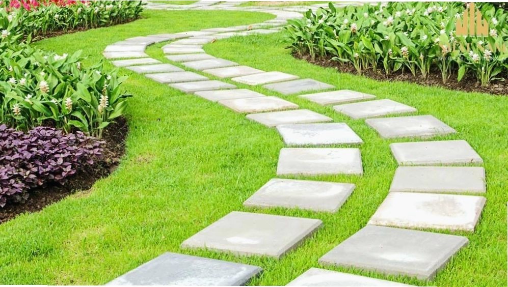 Gạch lát sân vườn màu xám hiệu ứng bê tông
