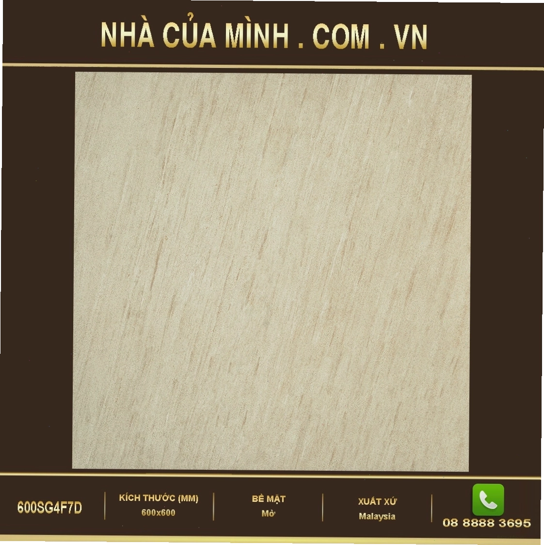 Gạch nhập khẩu Malaysia 600SG4F7D kích thước 60x60cm, vân đá nhẹ nhàng, màu sắc trang nhã, tạo cảm giác thanh lịch.