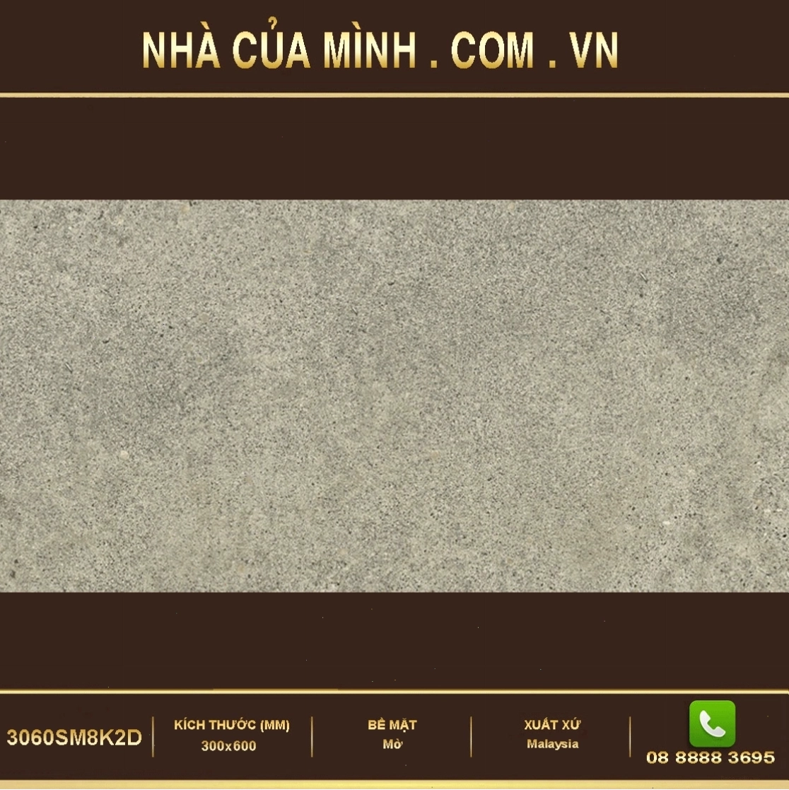 Gạch nhập khẩu Malaysia Belluci 3060SM8K2D kích thước 30x60cm, vân đá xám, mang phong cách hiện đại, sang trọng.
