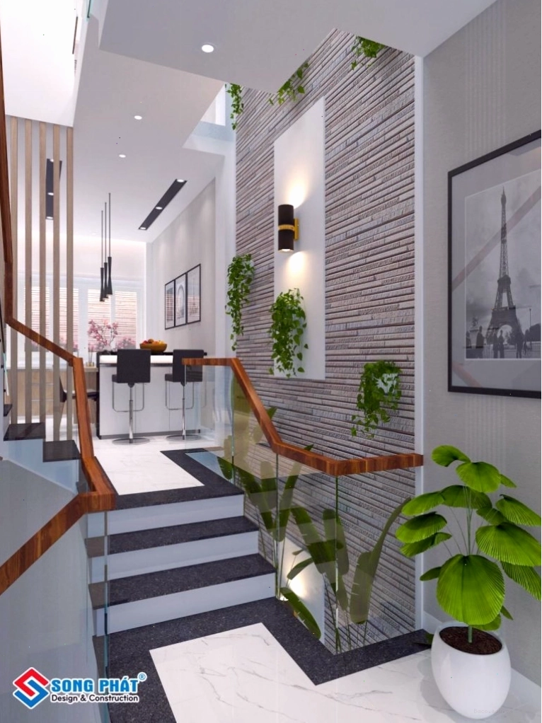 Giếng trời ốp gạch thẻ độc đáo.