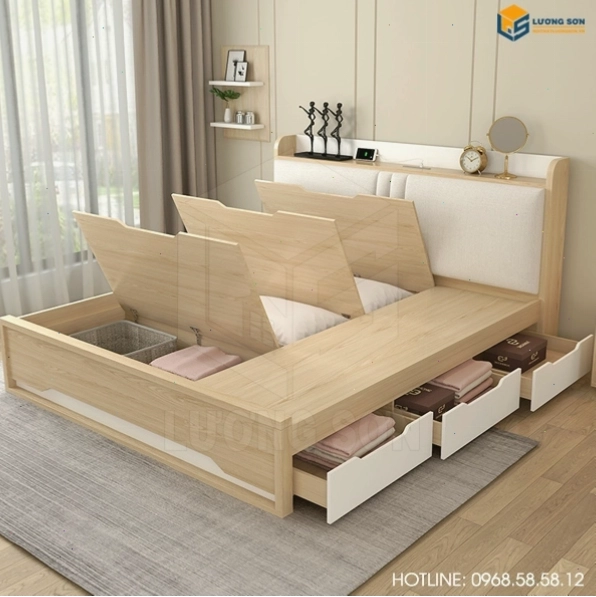 Giường ngủ gỗ thông với màu sắc tự nhiên, mang lại cảm giác gần gũi