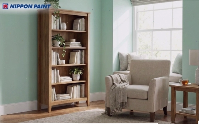 Góc đọc sách màu xanh bạc hà phối kệ sách gỗ tự nhiên