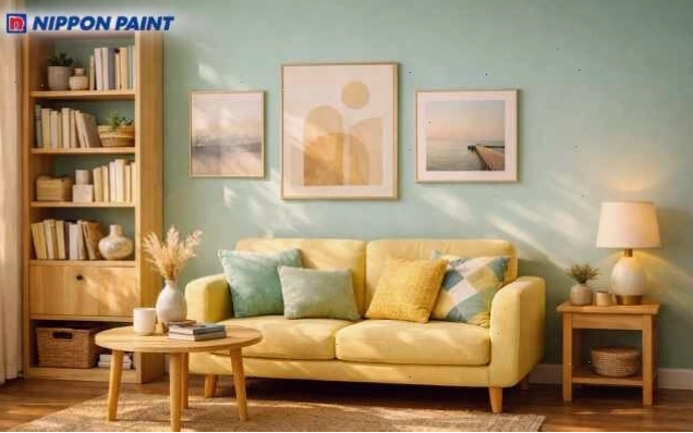 Góc thư giãn tràn đầy năng lượng sáng tạo với sắc vàng nhạt và xanh mint