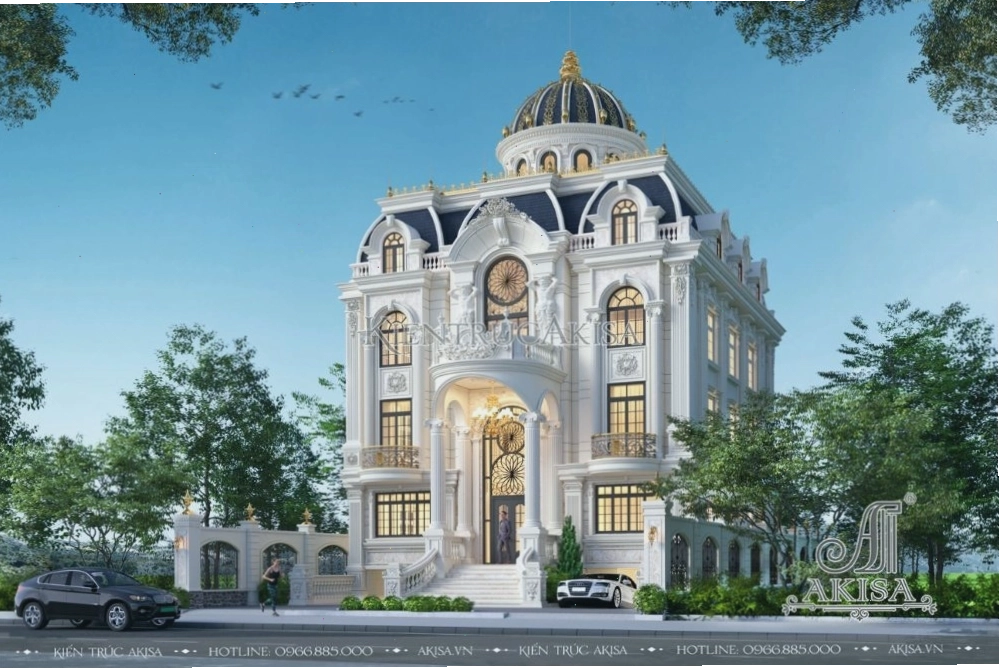 Hệ mái vòm chóp nhọn uy nghi kết hợp chi tiết nhôm đúc mạ vàng, khẳng định vị thế độc bản của gia chủ