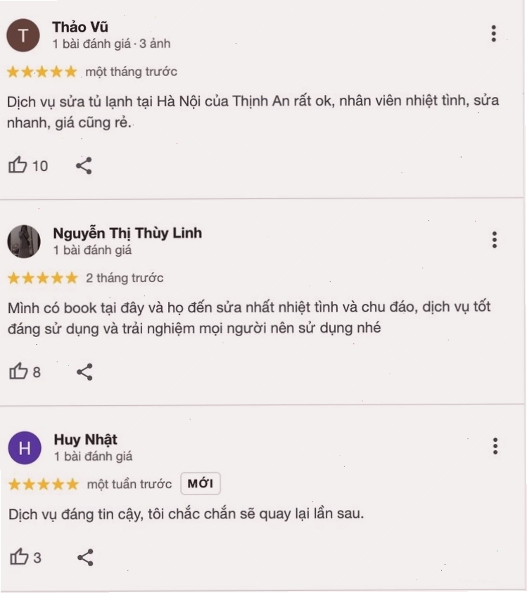 Hình ảnh chụp lại những đánh giá tích cực của khách hàng về dịch vụ sửa tủ lạnh tại nhà của Điện Lạnh Thịnh An