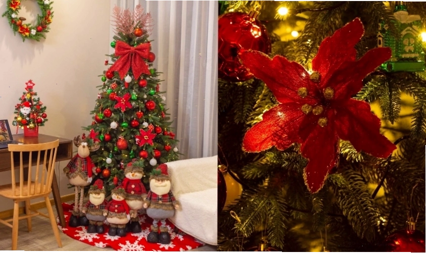 Hình ảnh trang trí cây thông Noel với hoa trạng nguyên