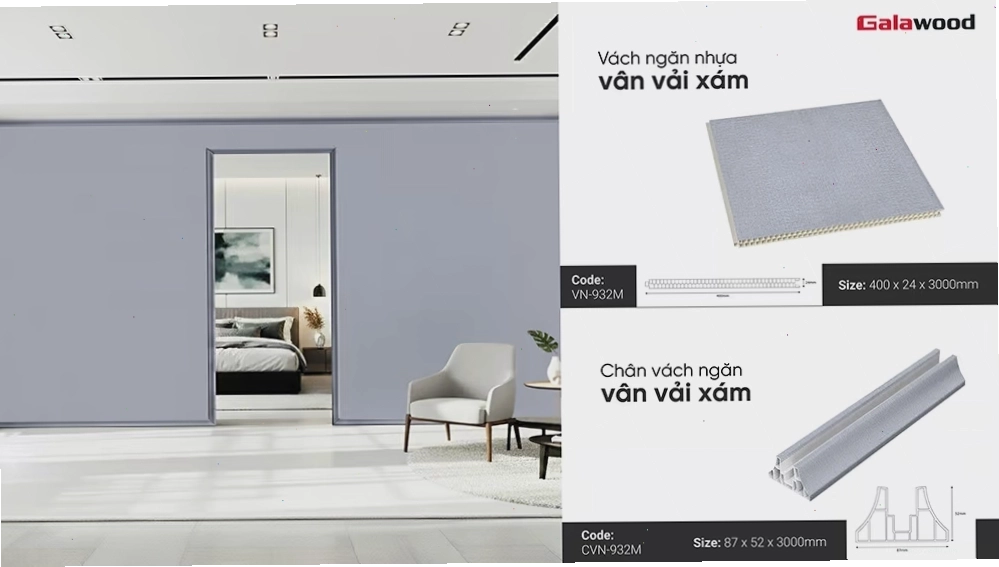 Hình nội thất lắp đặt tấm vách ngăn nhựa 2 mặt vân vải xám VN-932M