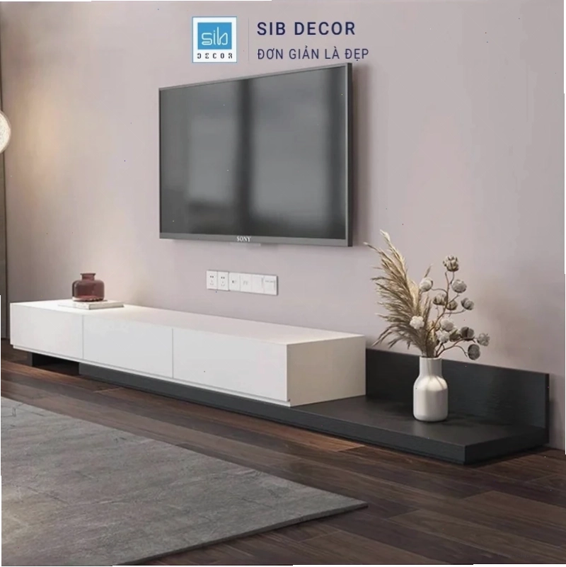 Kệ tivi phòng khách hiện đại tông trắng đen, trang trí bình gốm