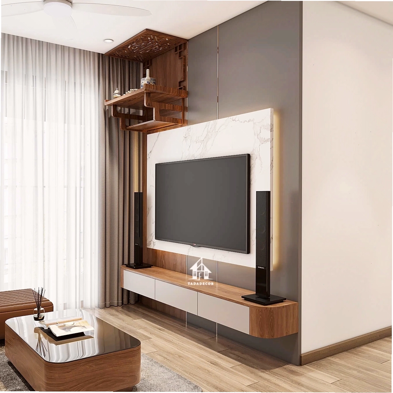 Kệ tivi treo tường bo cong 3 cánh lật sang trọng cho phòng khách TDTV778