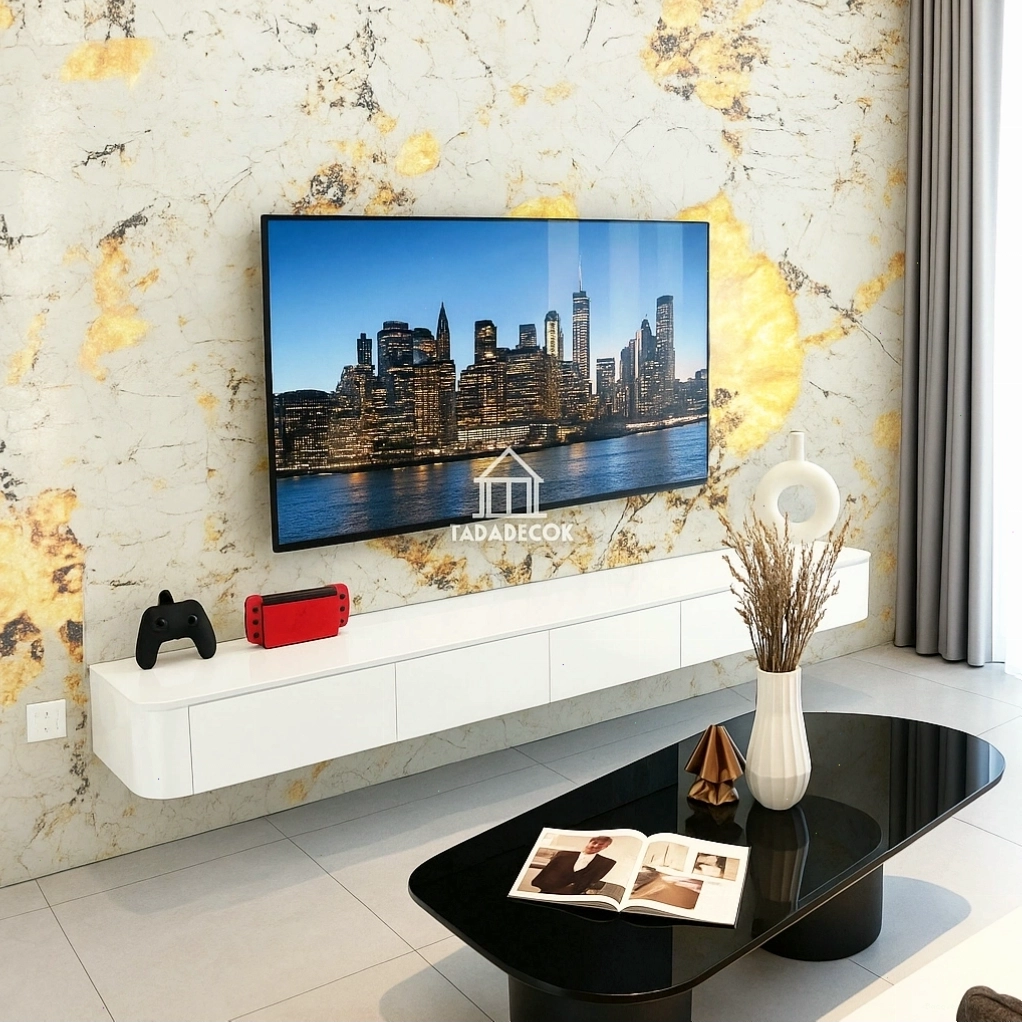 Kệ tivi treo tường bo cong màu trắng mẫu mới 2024 thương hiệu TADA VIETNAM - TDTV89